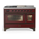 ILVE Majestic III 48-inch Dual Fuel Range with 5 Natural Gas Burner, Griddle, French Top and Triple Glass Door Electric Oven in Burgundy with Burnished Trim (UM48FSNR3BUB)