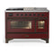 ILVE Majestic III 48-inch Dual Fuel Range with 5 Liquid Propane Burner, Griddle, French Top and Triple Glass Door Electric Oven in Burgundy with Burnished Trim (UM48FSNR3BUBLP)