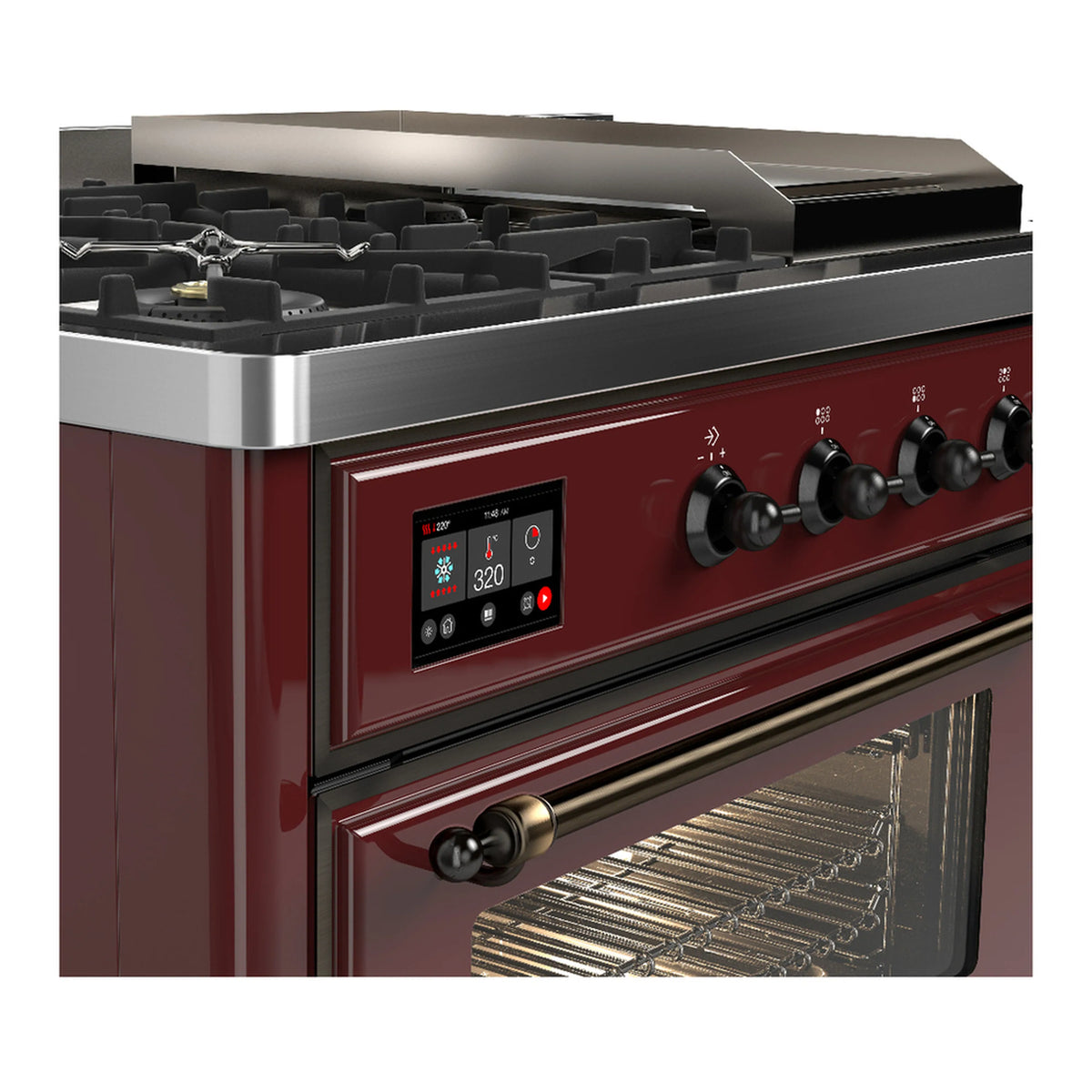 Burgundy dual fuel range side view with control panel, oven window, and metal trim