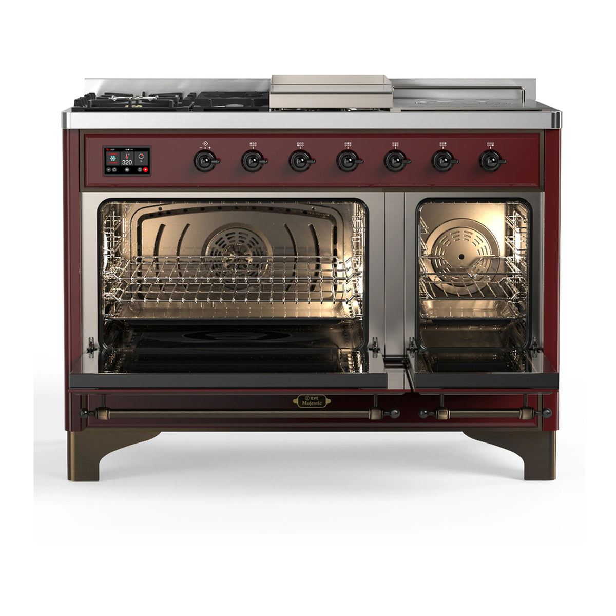 Burgundy dual fuel range with two oven doors open, visible racks and interior lights