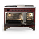 ILVE Majestic III 48-inch Dual Fuel Range with 5 Natural Gas Burner, Griddle, French Top and Triple Glass Door Electric Oven in Burgundy with Burnished Trim (UM48FSNR3BUB)