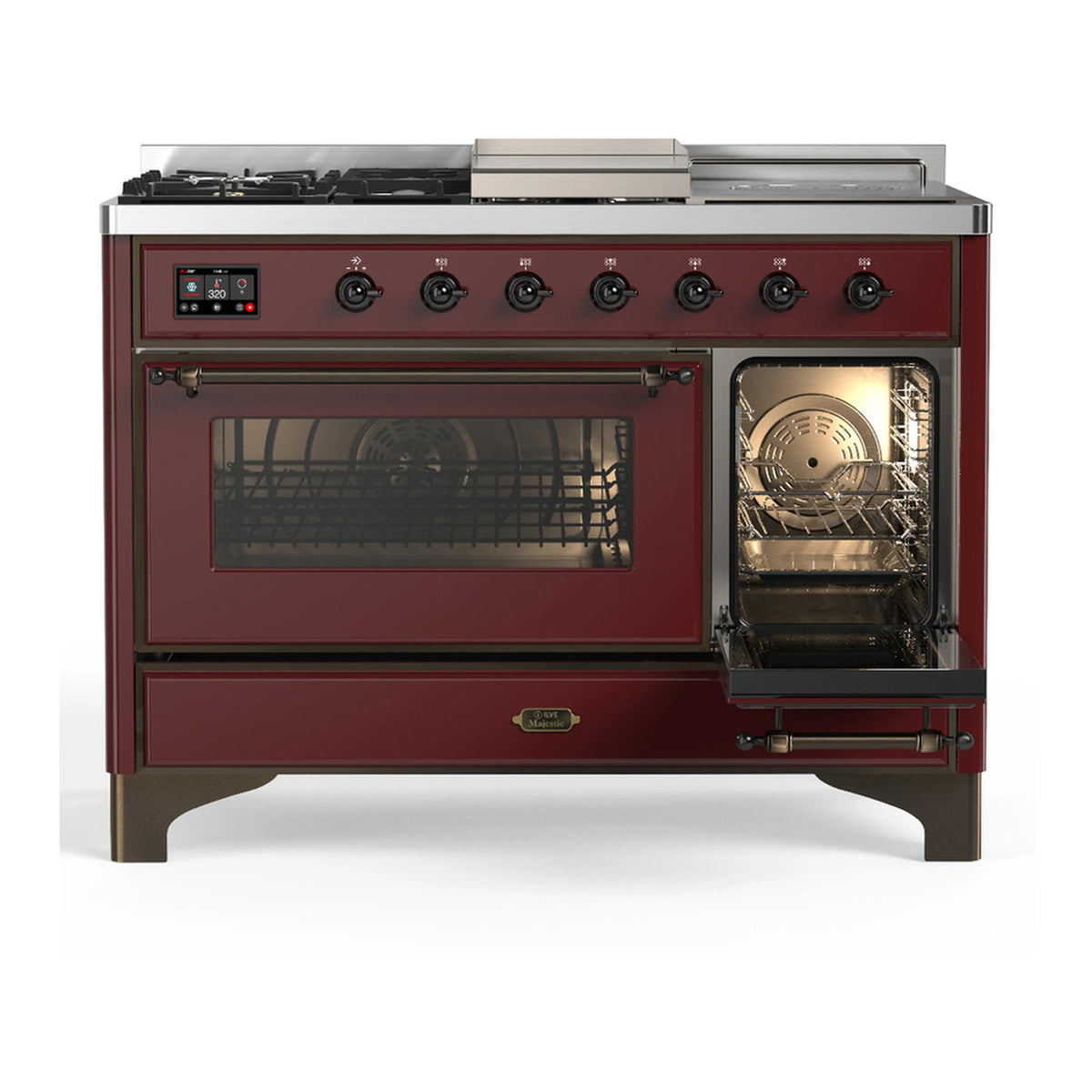 Burgundy dual fuel range front view with left oven door and right oven door, both glass