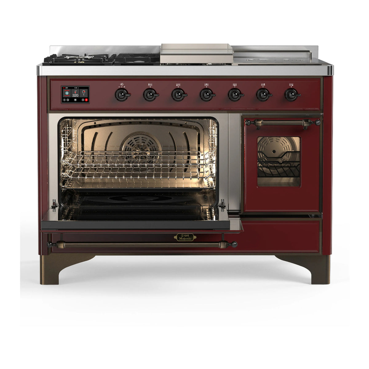 Burgundy dual fuel range with one oven door open and a second oven door in the right bay