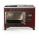 ILVE Majestic III 48-inch Dual Fuel Range with 5 Natural Gas Burner, Griddle, French Top and Triple Glass Door Electric Oven in Burgundy with Burnished Trim (UM48FSNR3BUB)
