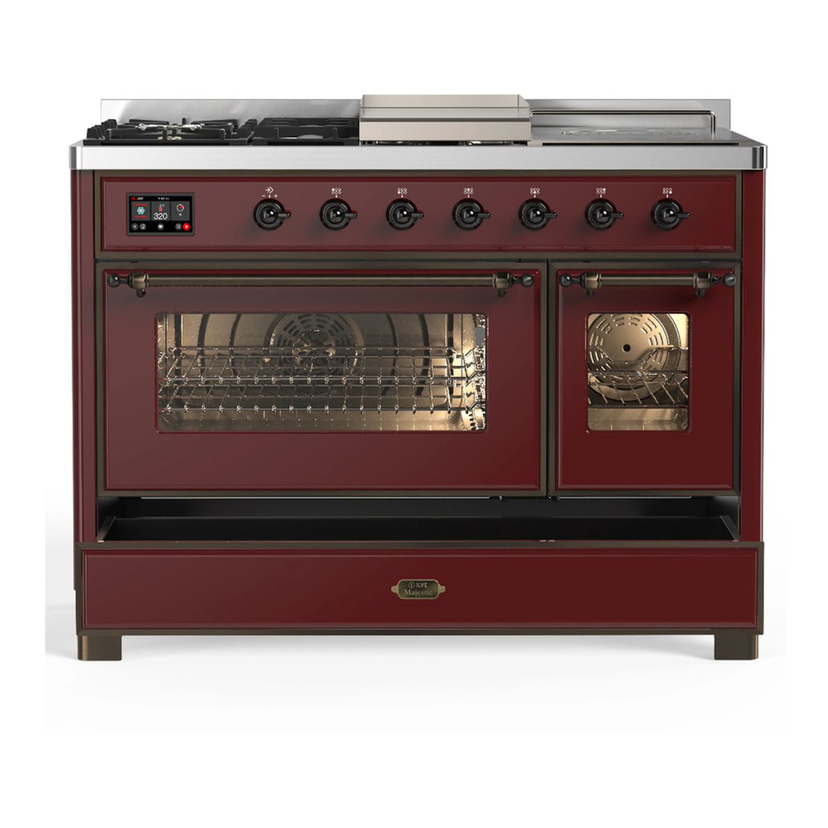 Burgundy dual fuel range front view with both oven windows visible and burners on top