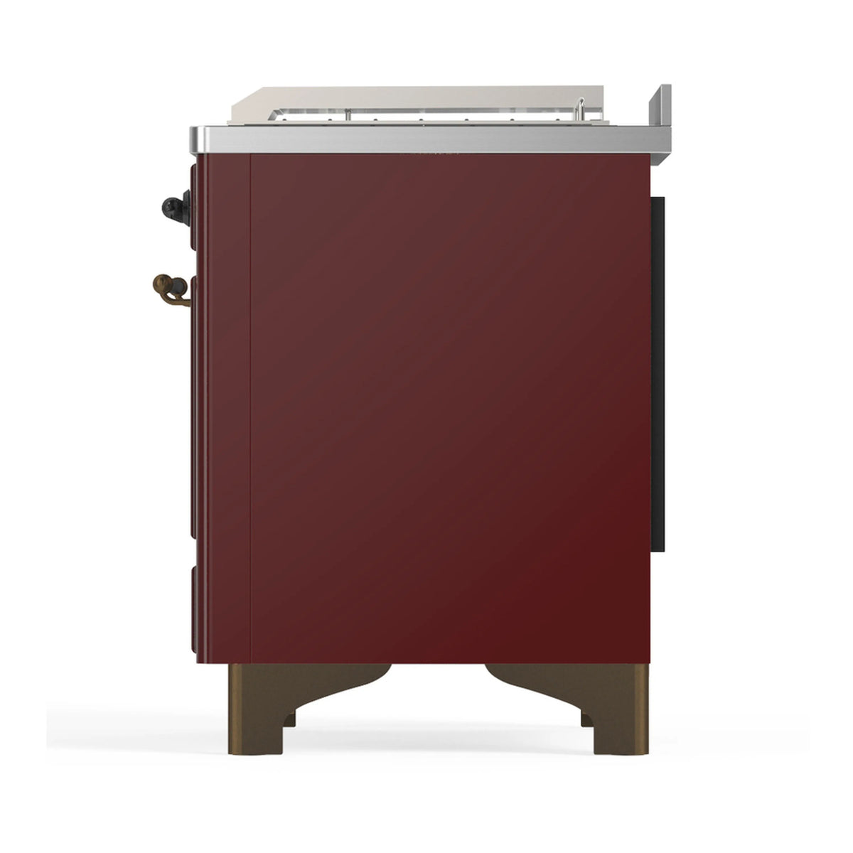 Burgundy dual fuel range left side panel with side handle and stainless top edge