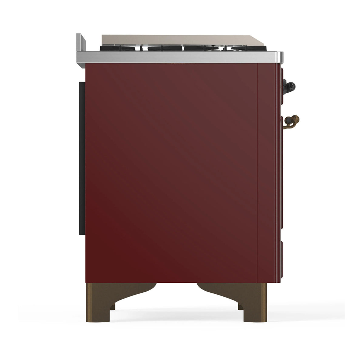 Burgundy dual fuel range right side panel with side handle and stainless top trim
