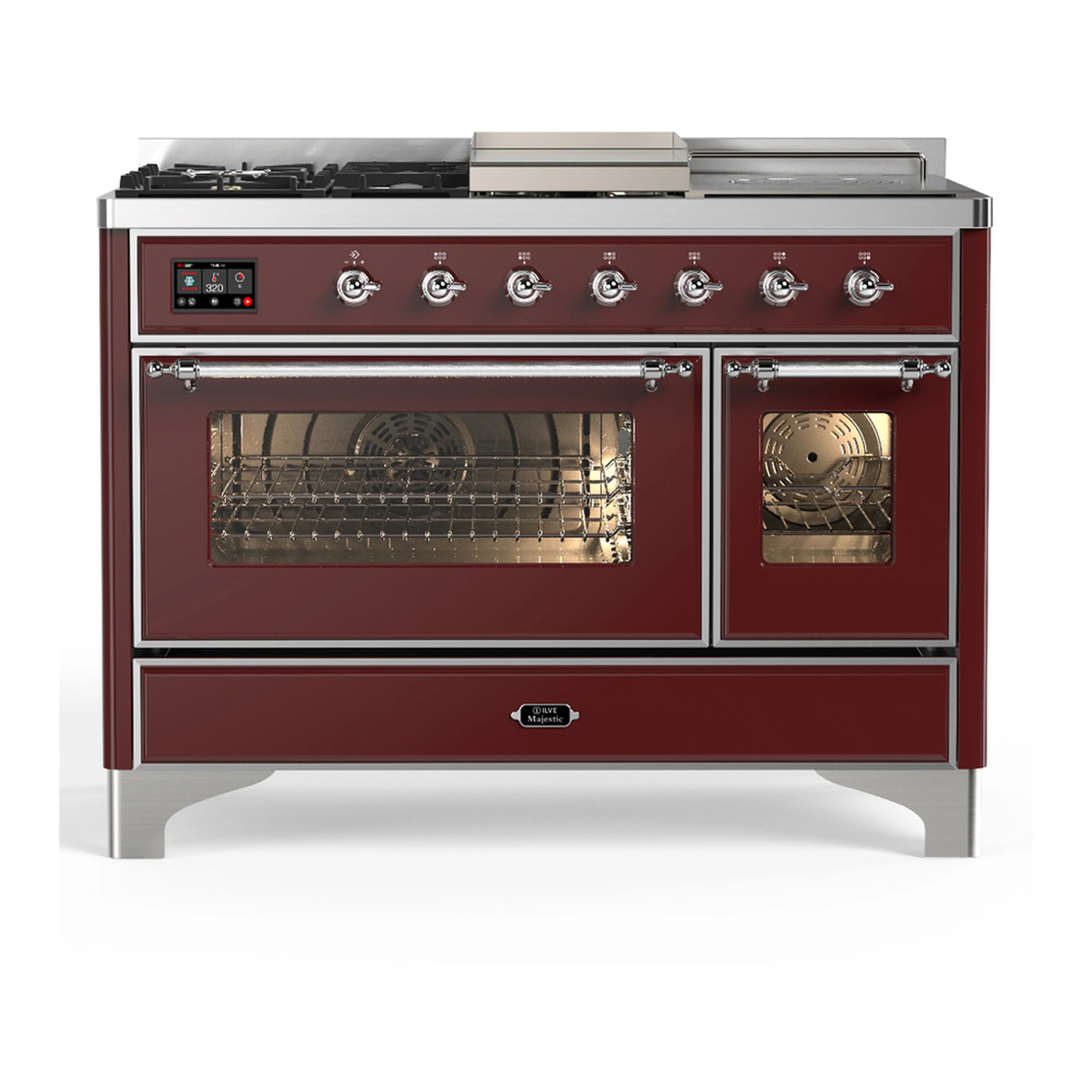 Burgundy dual fuel range with chrome trim; both oven doors closed, burner controls visible.