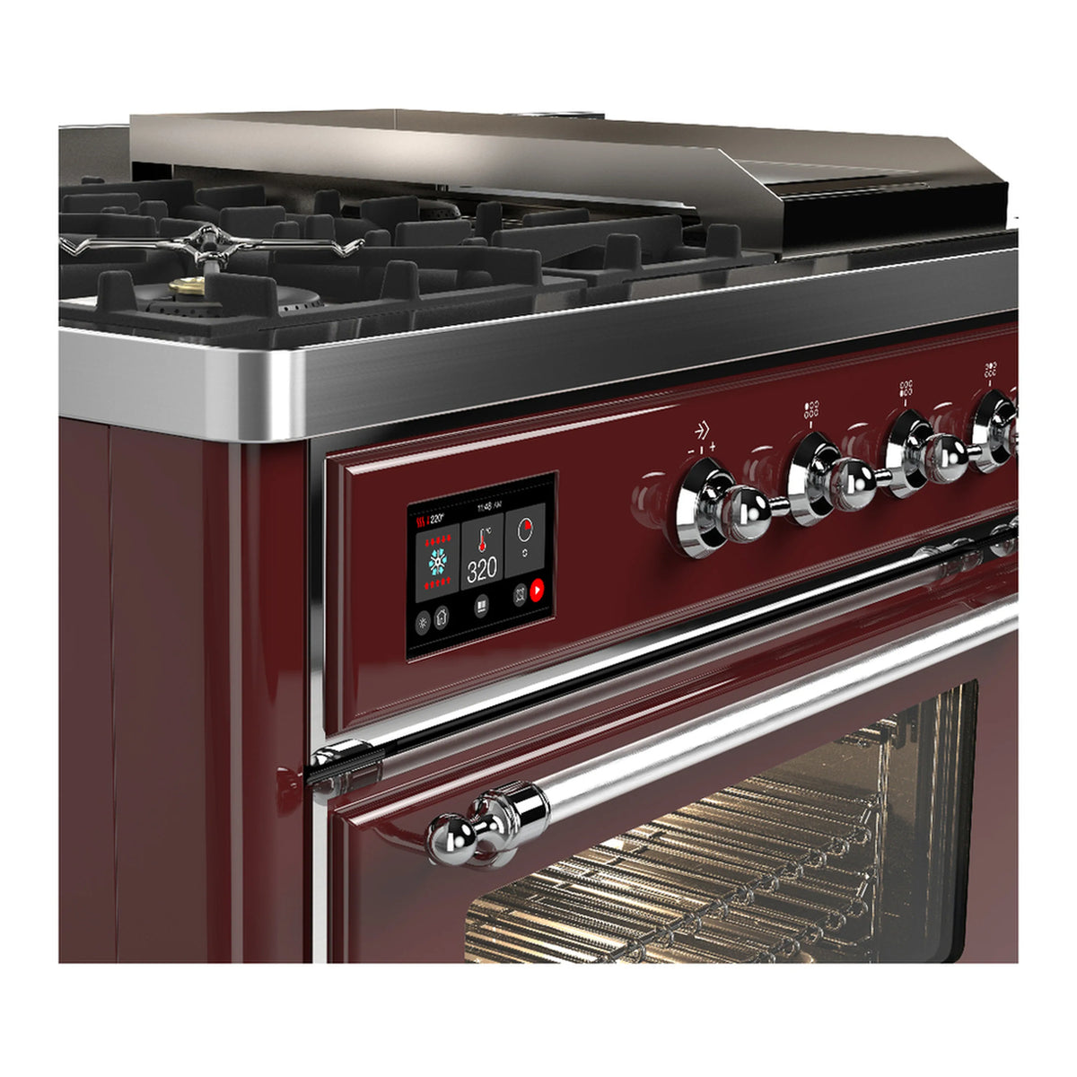 Burgundy dual fuel range front detail; chrome handle, control display, and oven door window.
