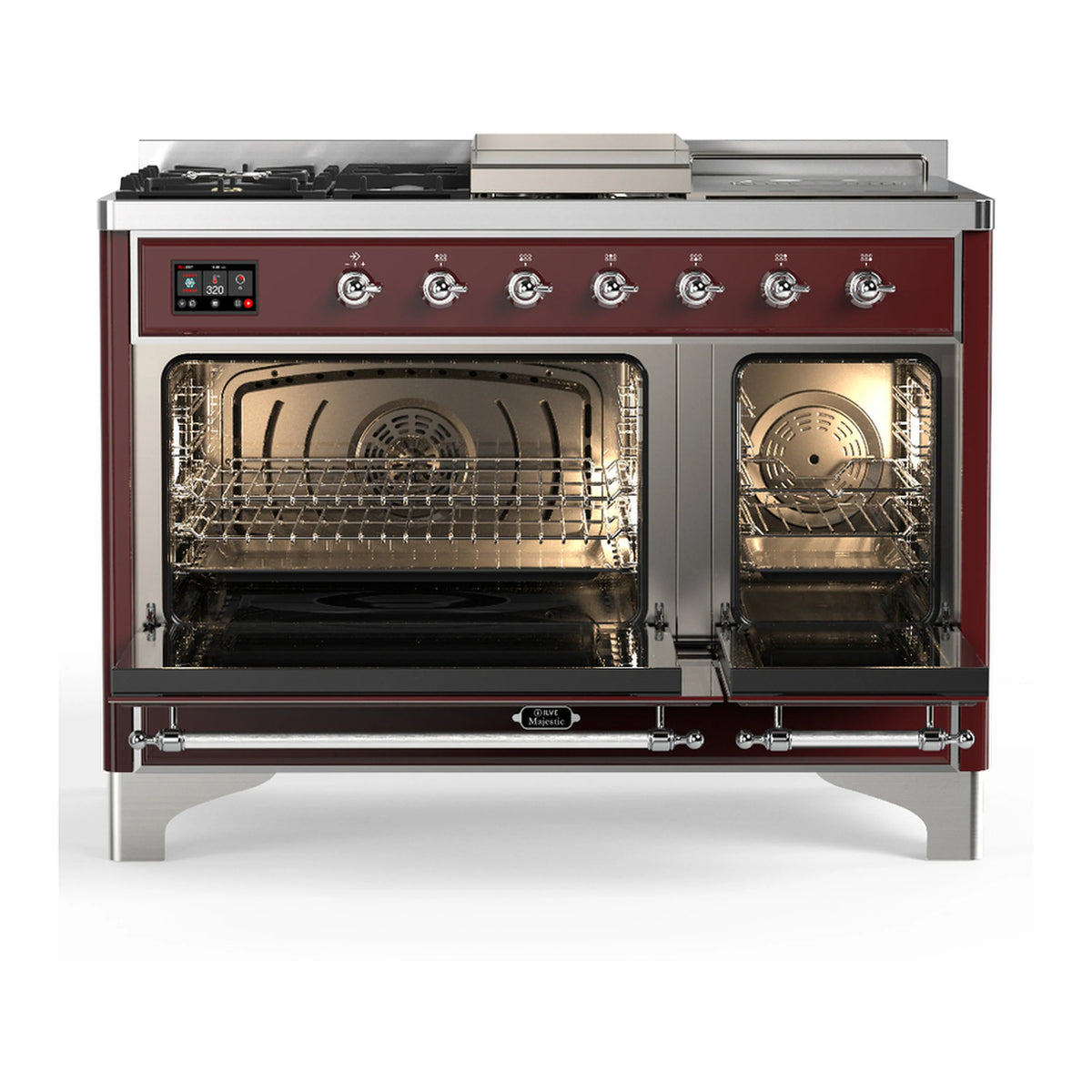 Burgundy dual fuel range with chrome trim; burners and both oven doors open.
