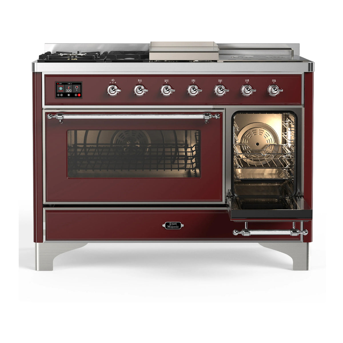 Burgundy dual fuel range with chrome trim; one oven door open, right oven door ajar.