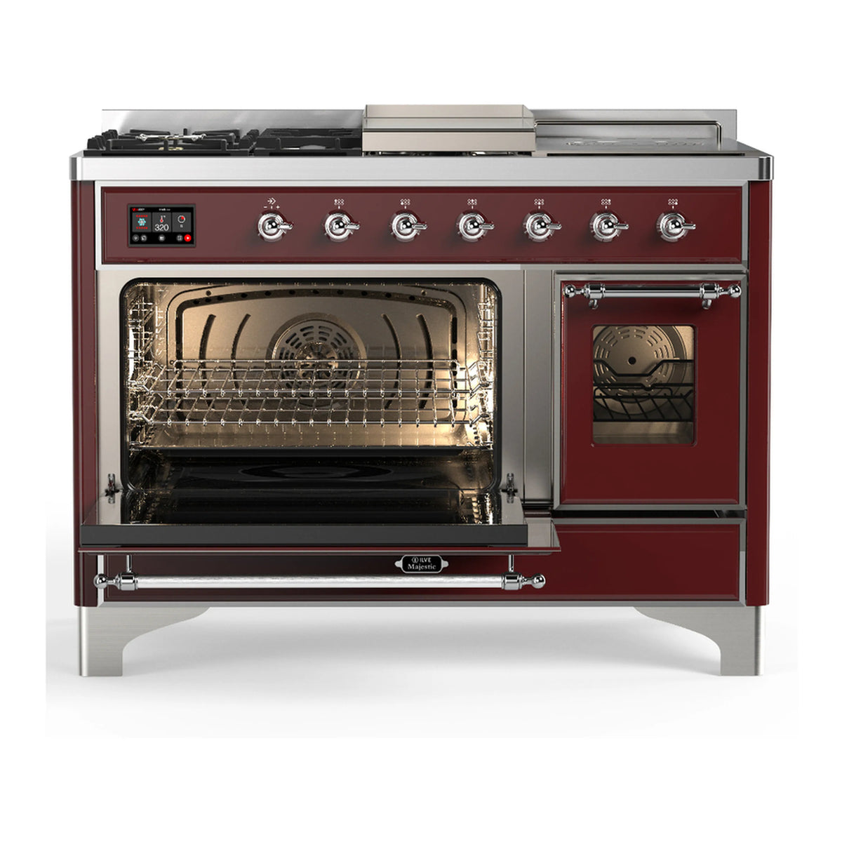 Burgundy dual fuel range with chrome trim; oven door open with rack visible and burner knobs.