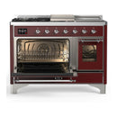 ILVE Majestic III 48-inch Dual Fuel Range with 5 Natural Gas Burner, Griddle, French Top and Triple Glass Door Electric Oven in Burgundy with Chrome Trim (UM48FSNR3BUC)