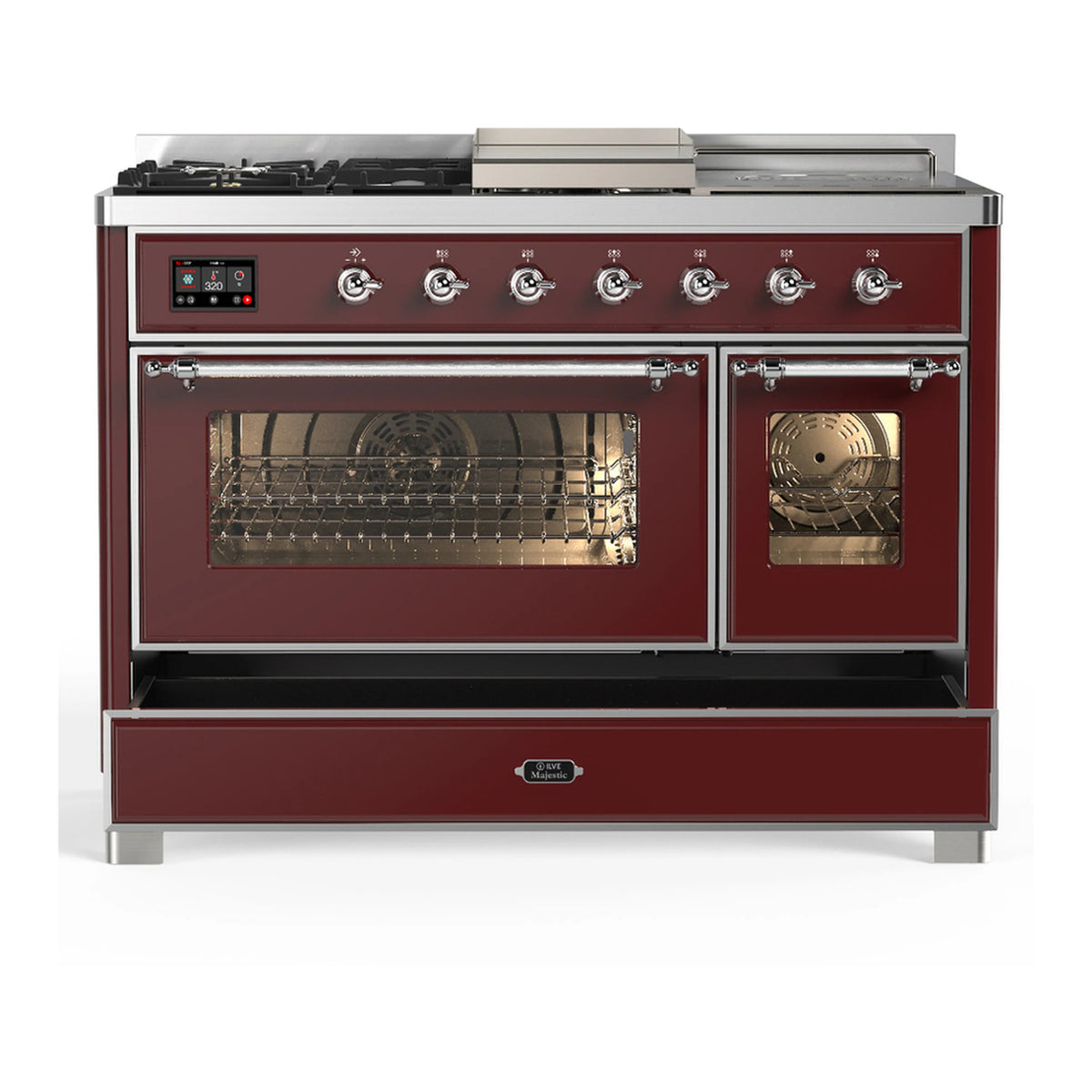 Burgundy dual fuel range with chrome trim; large oven door open and side oven door closed.