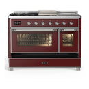 ILVE Majestic III 48-inch Dual Fuel Range with 5 Natural Gas Burner, Griddle, French Top and Triple Glass Door Electric Oven in Burgundy with Chrome Trim (UM48FSNR3BUC)