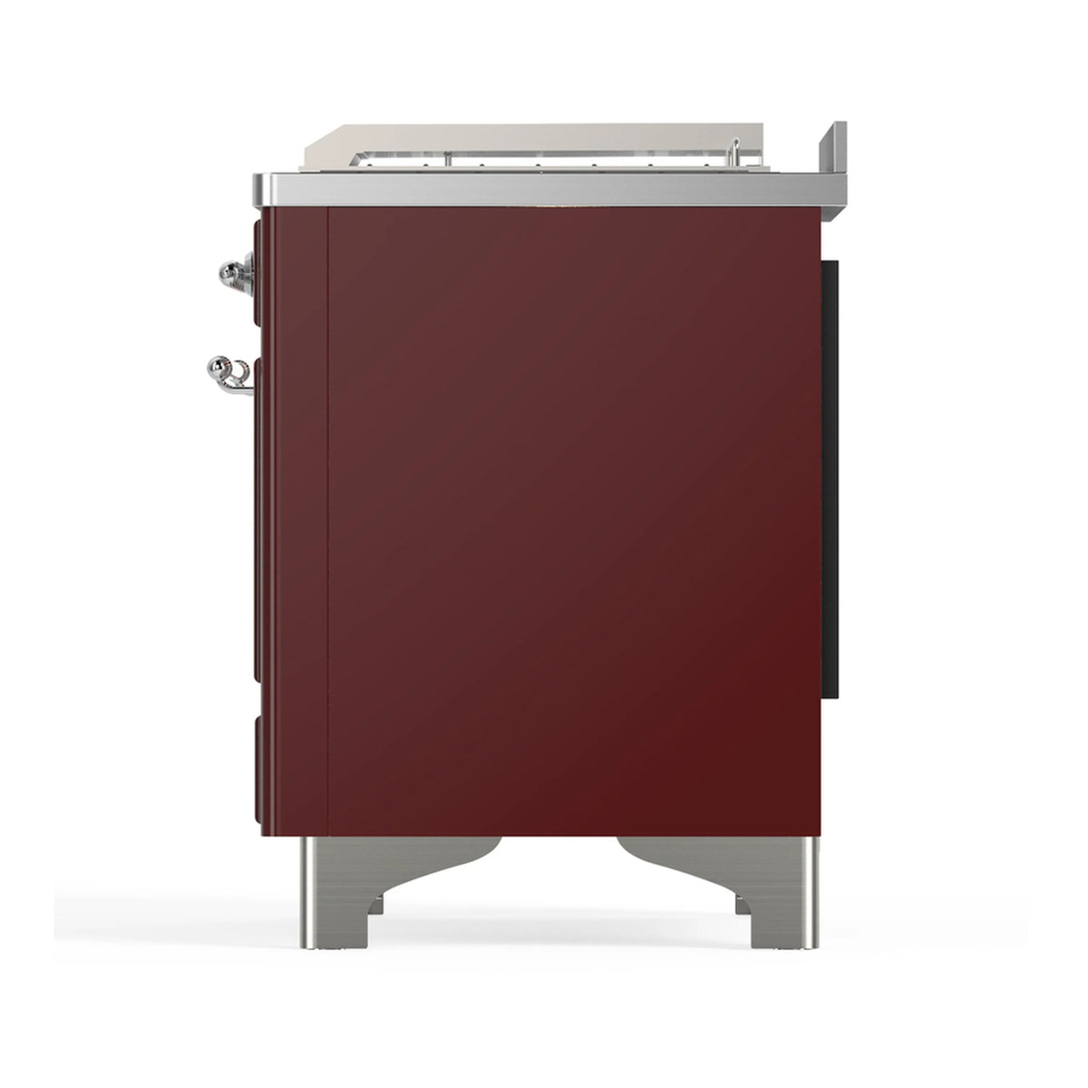Burgundy dual fuel range side view with chrome trim and handles.
