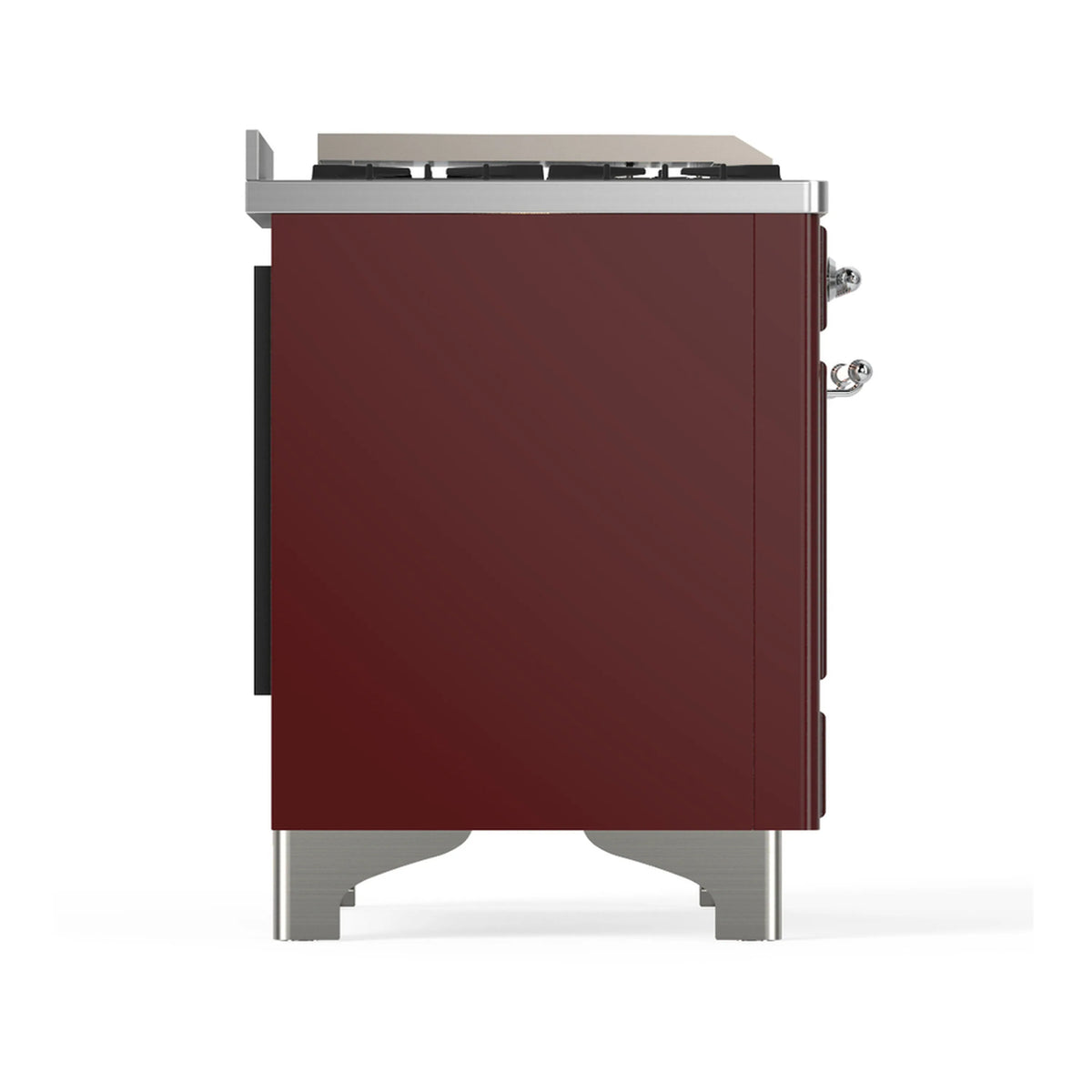 Burgundy dual fuel range side view with chrome trim; rear panel open.