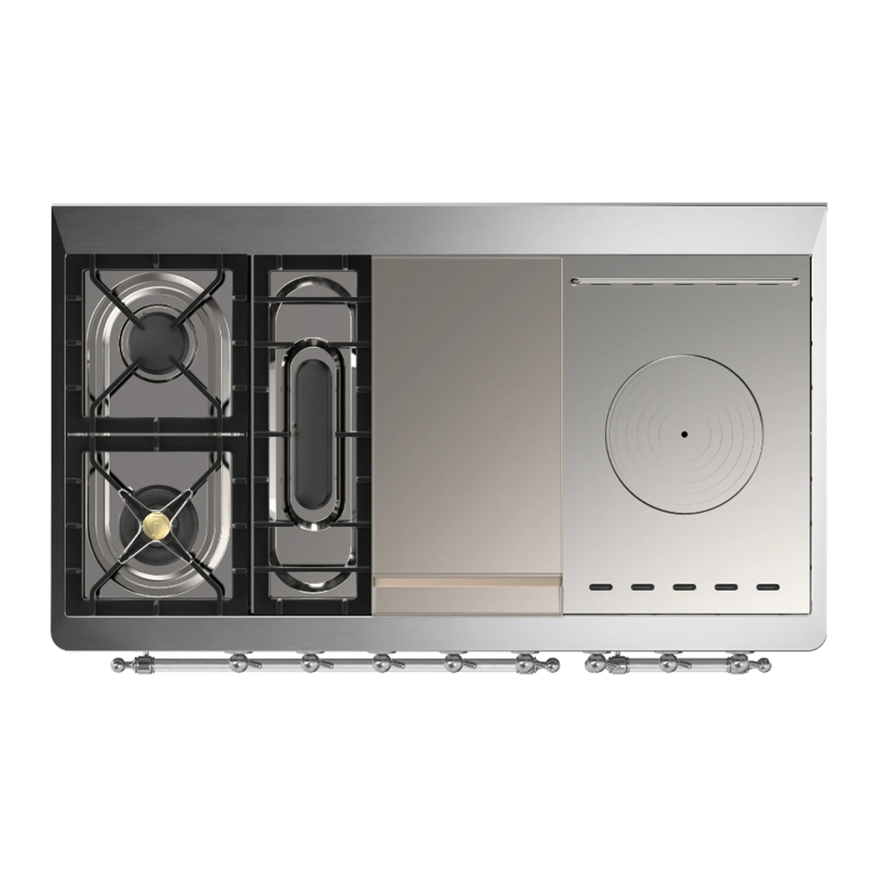 Dual fuel range cooktop and burner grates with built-in controls panel.