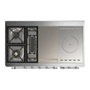 ILVE Majestic III 48-inch Dual Fuel Range with 5 Natural Gas Burner, Griddle, French Top and Triple Glass Door Electric Oven in Burgundy with Chrome Trim (UM48FSNR3BUC)