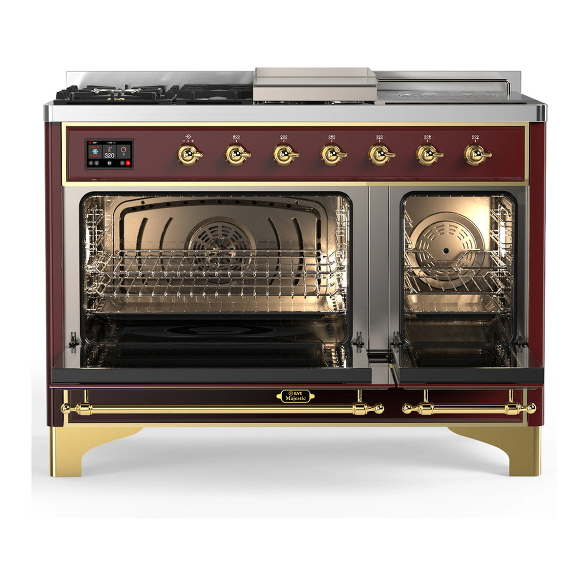 Burgundy dual fuel range with brass trim; two oven doors open with racks inside