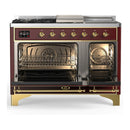 ILVE Majestic III 48-inch Dual Fuel Range with 5 Natural Gas Burner, Griddle, French Top and Triple Glass Door Electric Oven in Burgundy with Brass Trim (UM48FSNR3BUG)