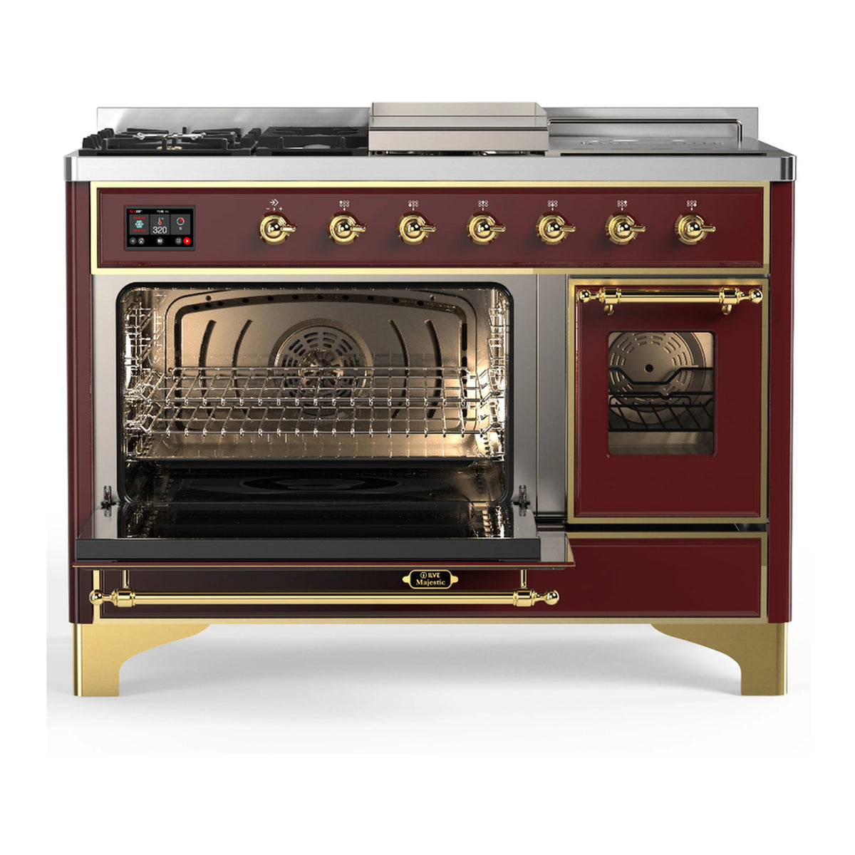 Burgundy dual fuel range with brass trim; open oven door with visible bake rack