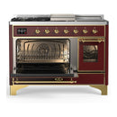 ILVE Majestic III 48-inch Dual Fuel Range with 5 Liquid Propane Burner, Griddle, French Top and Triple Glass Door Electric Oven in Burgundy with Brass Trim (UM48FSNR3BUGLP)