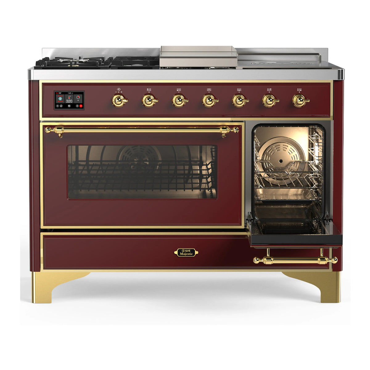 Burgundy dual fuel range with brass trim; oven doors closed and glass window