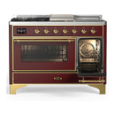 ILVE Majestic III 48-inch Dual Fuel Range with 5 Liquid Propane Burner, Griddle, French Top and Triple Glass Door Electric Oven in Burgundy with Brass Trim (UM48FSNR3BUGLP)