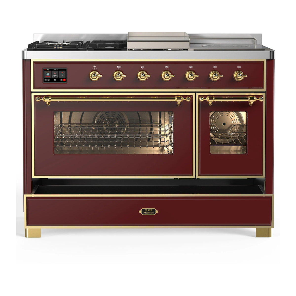 Burgundy dual fuel range with brass trim and two glass oven doors; lower drawer closed.