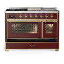 ILVE Majestic III 48-inch Dual Fuel Range with 5 Liquid Propane Burner, Griddle, French Top and Triple Glass Door Electric Oven in Burgundy with Brass Trim (UM48FSNR3BUGLP)