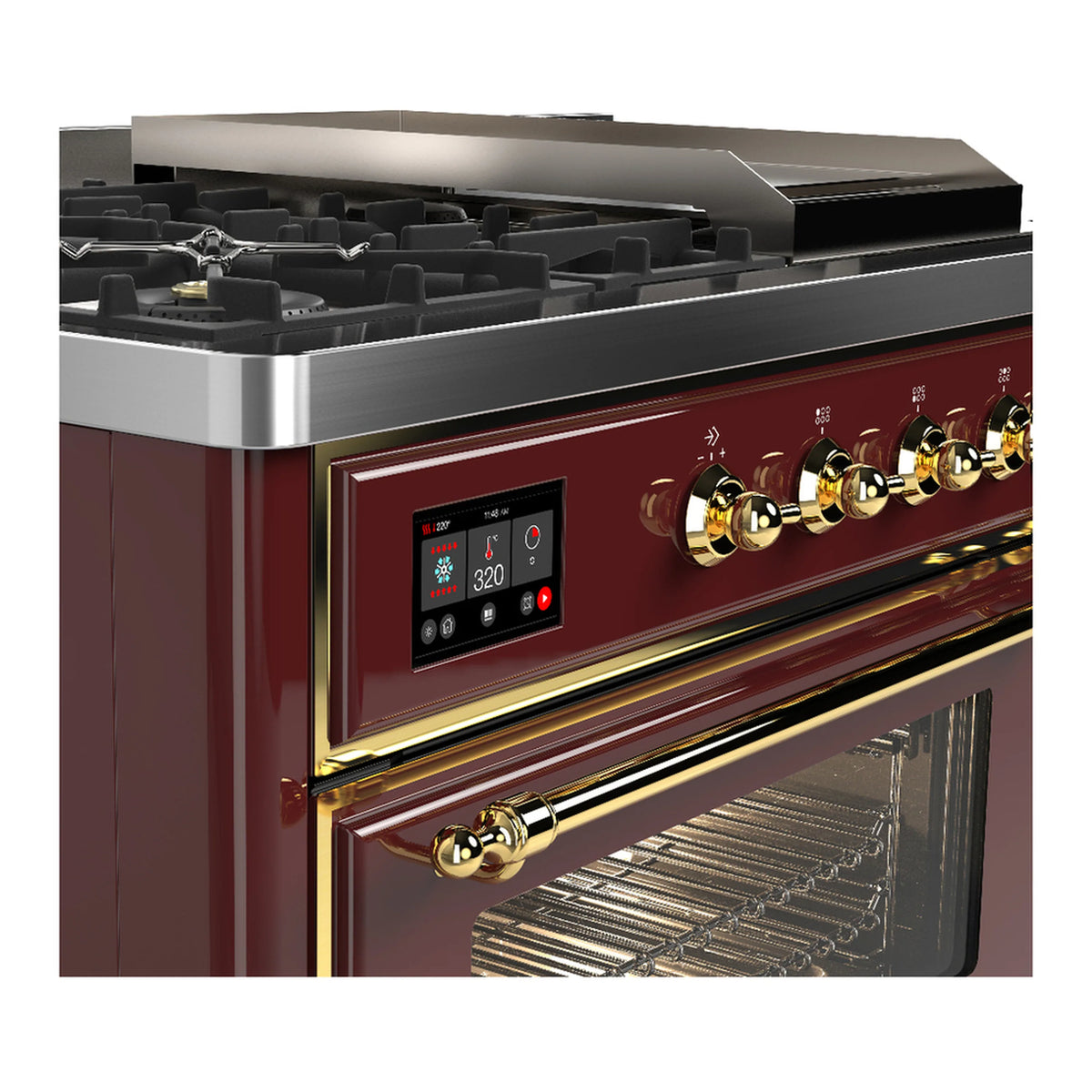 Burgundy dual fuel range with brass trim; close-up of knobs, display, and oven handle