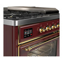 ILVE Majestic III 48-inch Dual Fuel Range with 5 Liquid Propane Burner, Griddle, French Top and Triple Glass Door Electric Oven in Burgundy with Brass Trim (UM48FSNR3BUGLP)