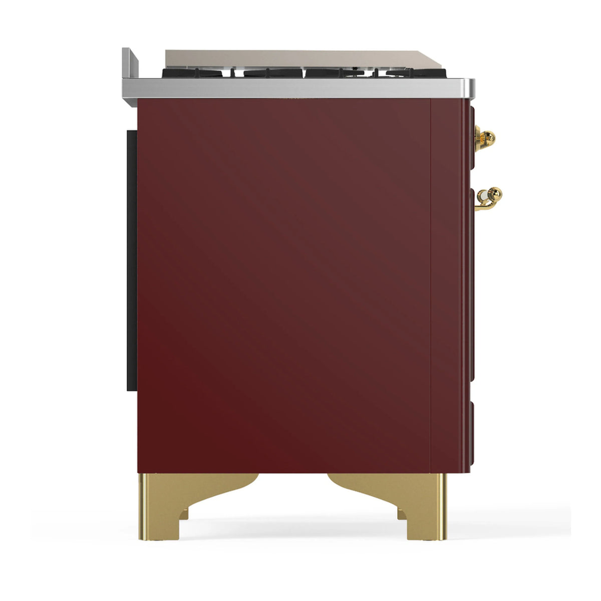 Burgundy dual fuel range with brass trim; right-side panel and vented side cutout