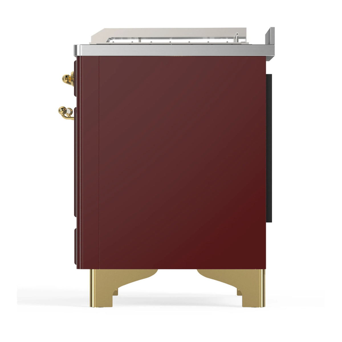 Burgundy dual fuel range with brass trim; opposite side panel with corner control housing