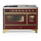 ILVE Majestic III 48-inch Dual Fuel Range with 5 Natural Gas Burner, Griddle, French Top and Triple Glass Door Electric Oven in Burgundy with Brass Trim (UM48FSNR3BUG)
