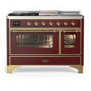 ILVE Majestic III 48-inch Dual Fuel Range with 5 Liquid Propane Burner, Griddle, French Top and Triple Glass Door Electric Oven in Burgundy with Brass Trim (UM48FSNR3BUGLP)