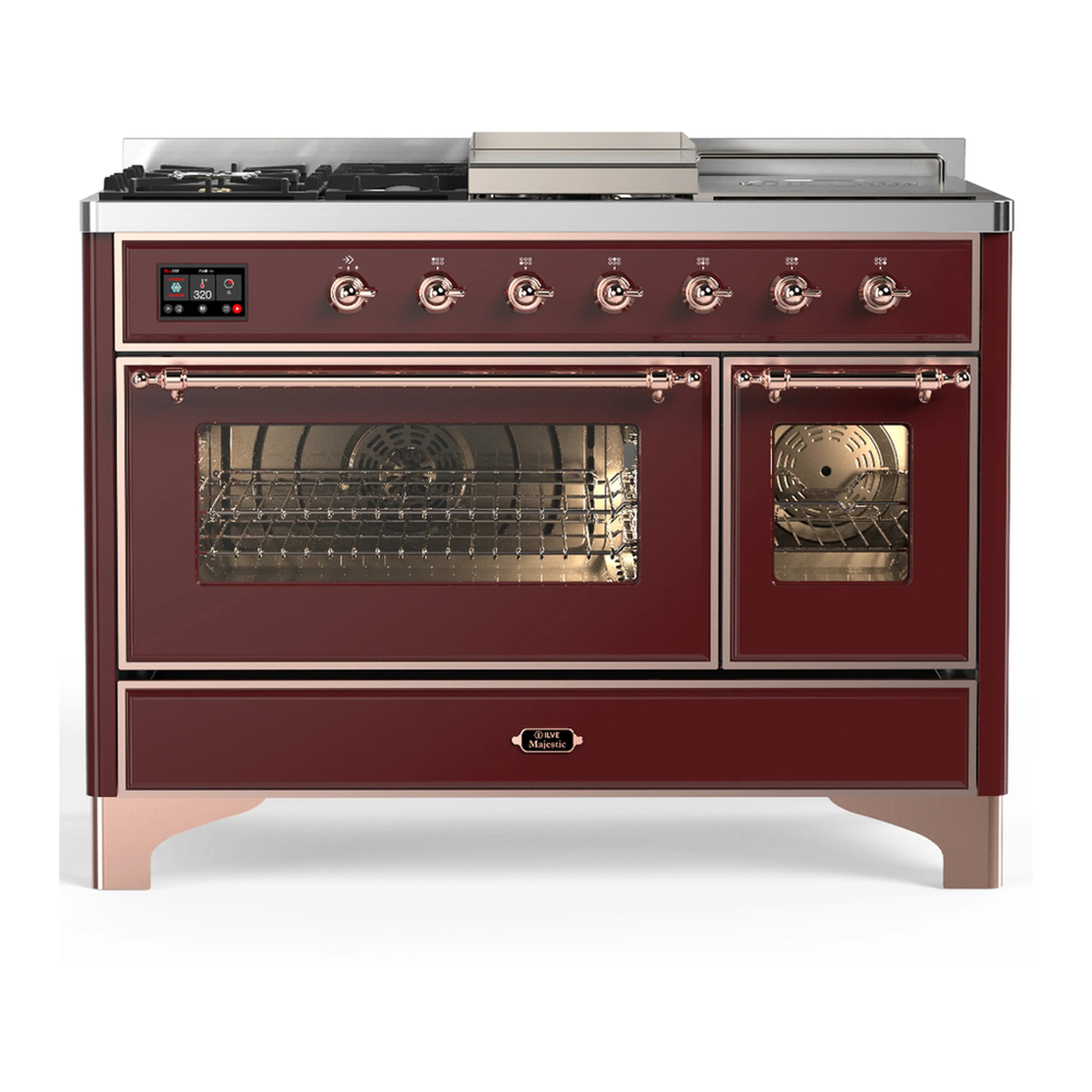 Burgundy dual fuel range with copper knobs, window oven door, and two oven compartments.