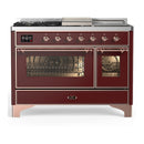 ILVE Majestic III 48-inch Dual Fuel Range with 5 Natural Gas Burner, Griddle, French Top and Triple Glass Door Electric Oven in Burgundy with Copper Trim (UM48FSNR3BUP)
