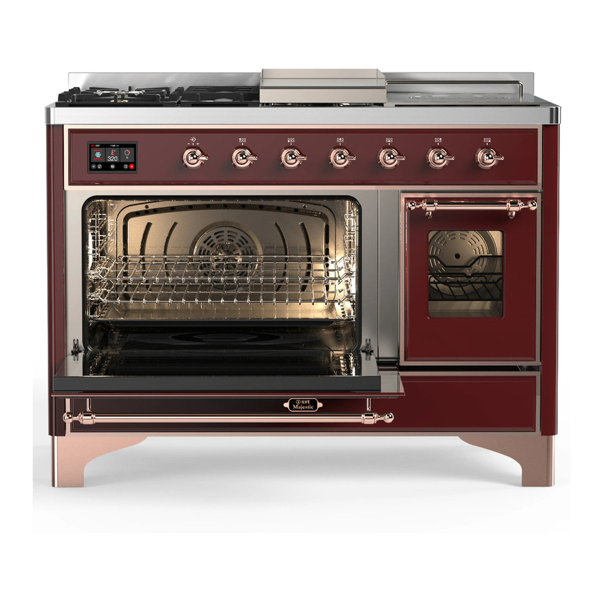 Burgundy dual fuel range with one oven door open, lit interior, and copper front trim.