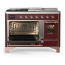 ILVE Majestic III 48-inch Dual Fuel Range with 5 Liquid Propane Burner, Griddle, French Top and Triple Glass Door Electric Oven in Burgundy with Copper Trim (UM48FSNR3BUPLP)