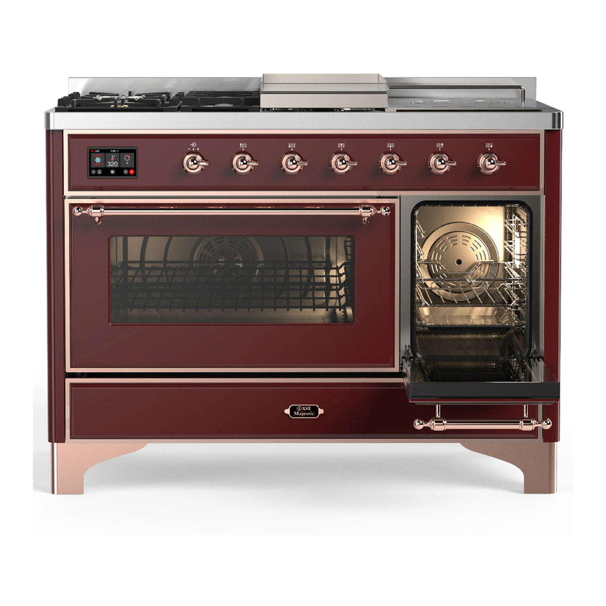 Burgundy dual fuel range with glass oven door and raised control panel with copper knobs.