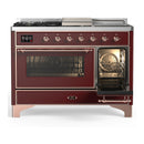 ILVE Majestic III 48-inch Dual Fuel Range with 5 Natural Gas Burner, Griddle, French Top and Triple Glass Door Electric Oven in Burgundy with Copper Trim (UM48FSNR3BUP)