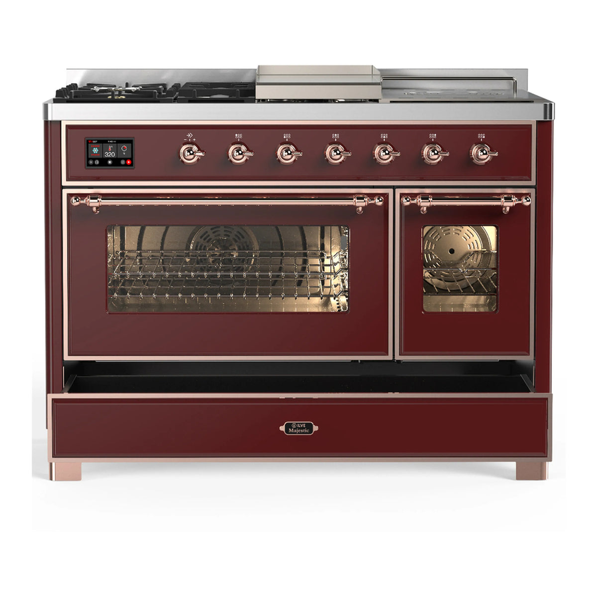 Burgundy dual fuel range with copper trim, oven windows, and storage drawer below