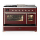 ILVE Majestic III 48-inch Dual Fuel Range with 5 Liquid Propane Burner, Griddle, French Top and Triple Glass Door Electric Oven in Burgundy with Copper Trim (UM48FSNR3BUPLP)
