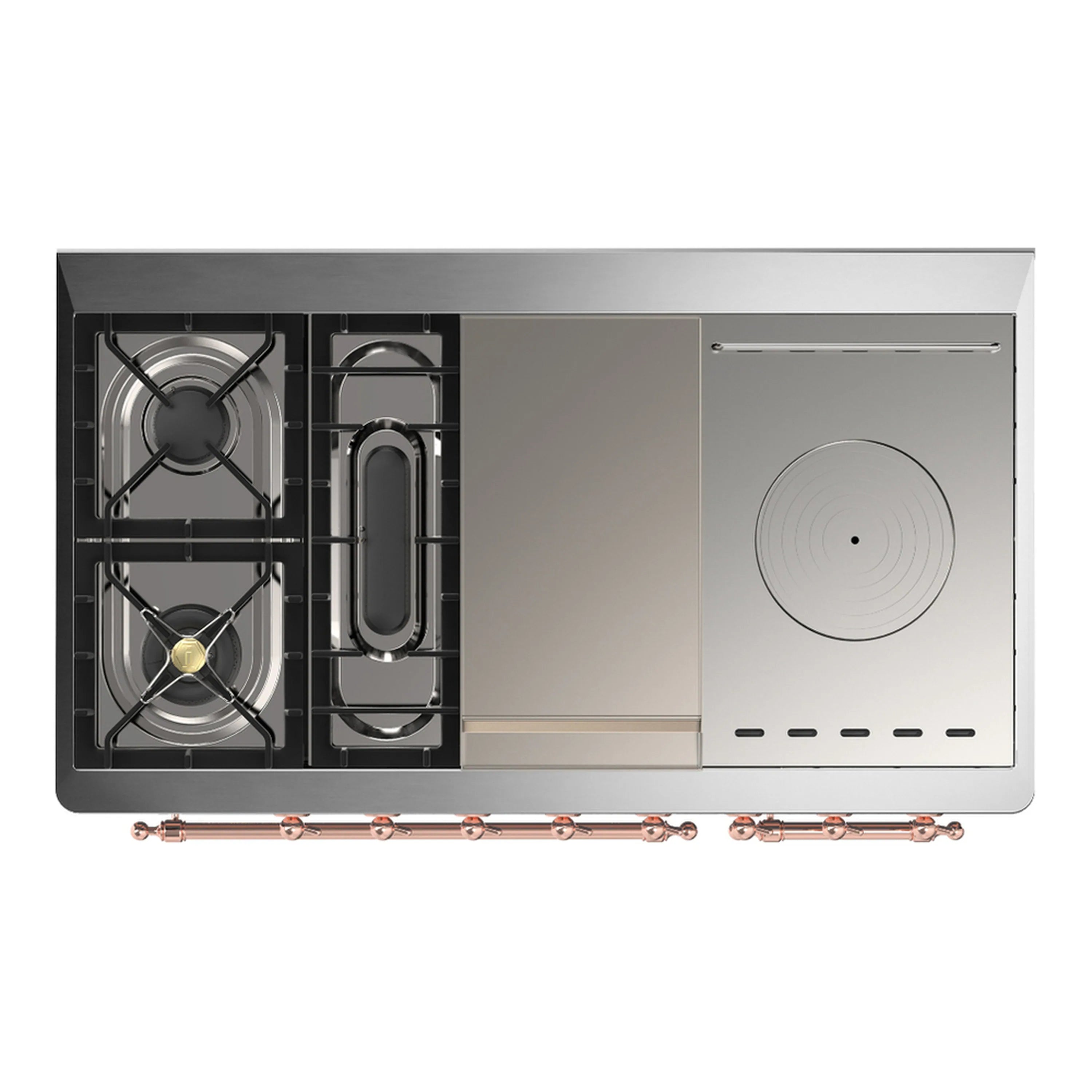 Dual fuel range rear view with two burners, exposed plumbing, and stainless back panel.