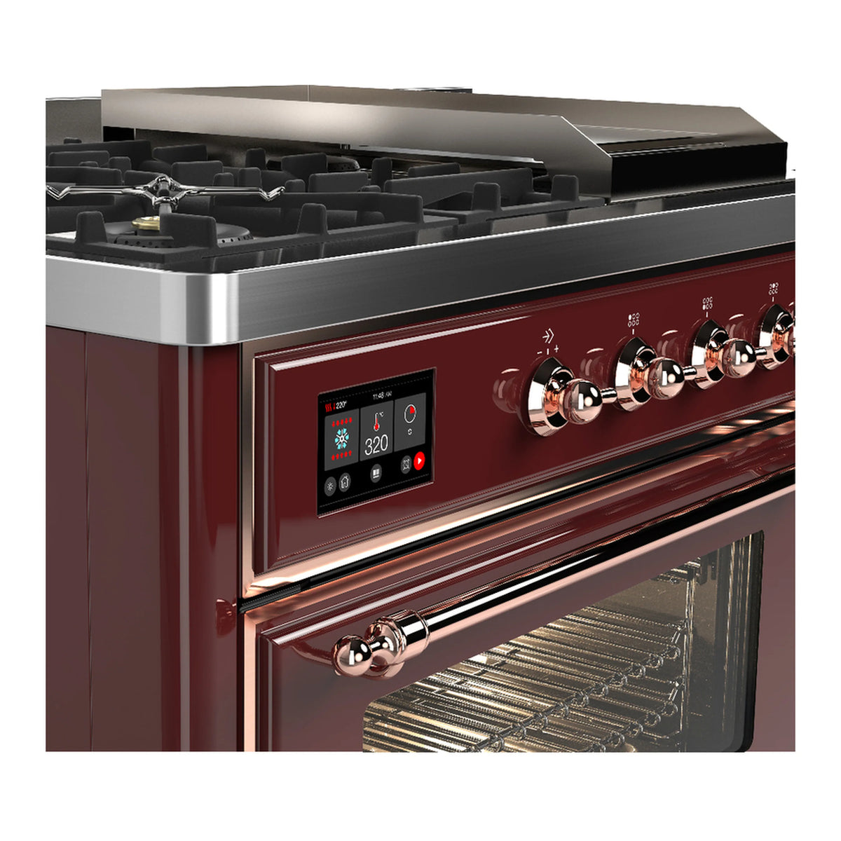 Burgundy dual fuel range with copper trim, glass oven door, and burner grates on top.