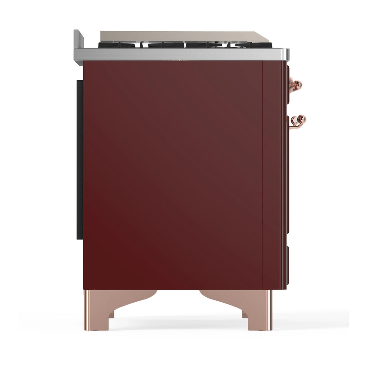 Side view of burgundy dual fuel range with stainless trim and control features