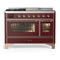 ILVE Majestic III 48-inch Dual Fuel Range with 5 Liquid Propane Burner, Griddle, French Top and Triple Glass Door Electric Oven in Burgundy with Copper Trim (UM48FSNR3BUPLP)