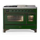 ILVE Majestic III 48-inch Dual Fuel Range with 5 Natural Gas Burner, Griddle, French Top and Triple Glass Door Electric Oven in Emerald Green with Burnished Trim (UM48FSNR3EGB)